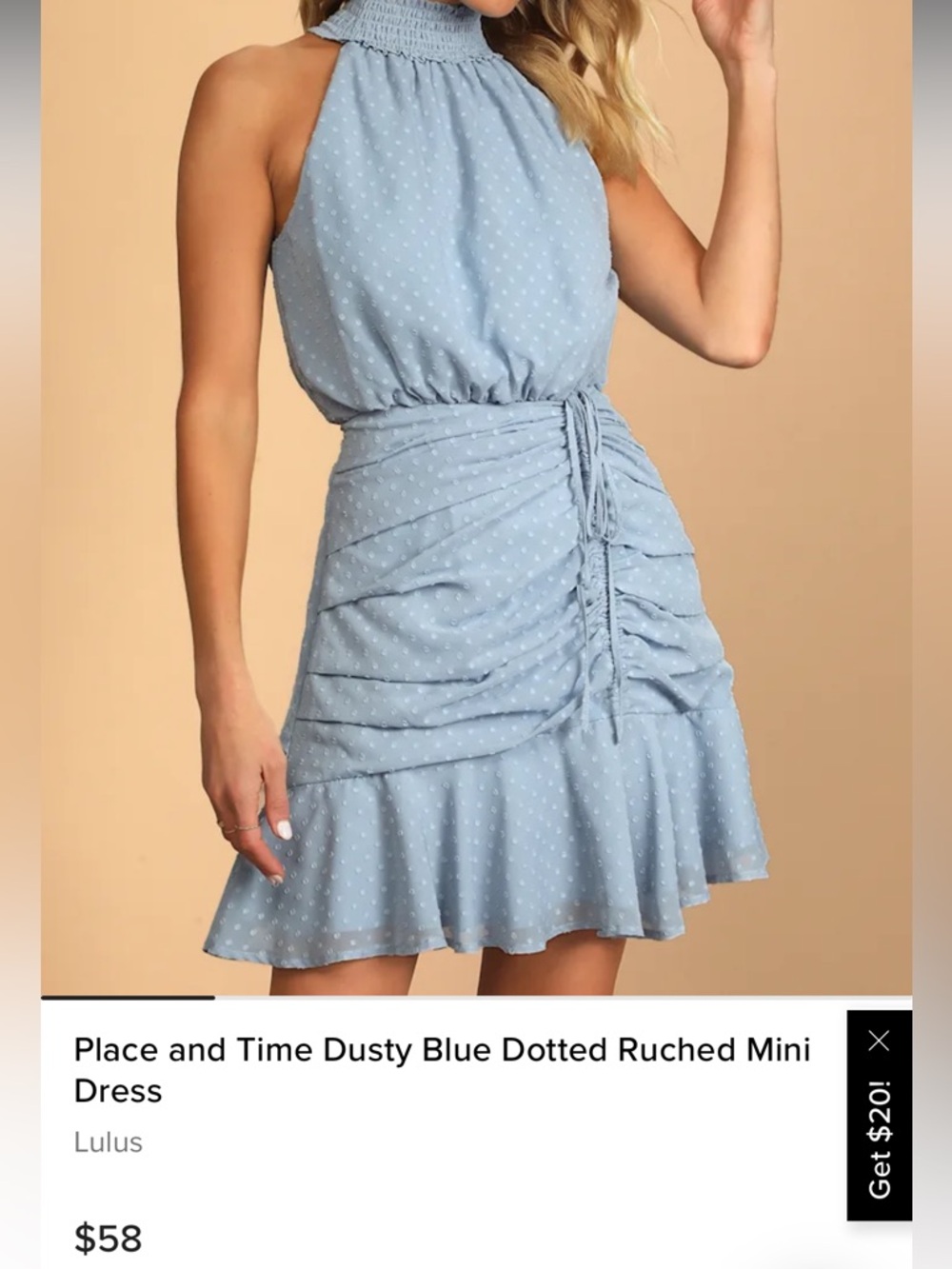 Place and Time Dusty Blue Dotted Ruched Mini Dress